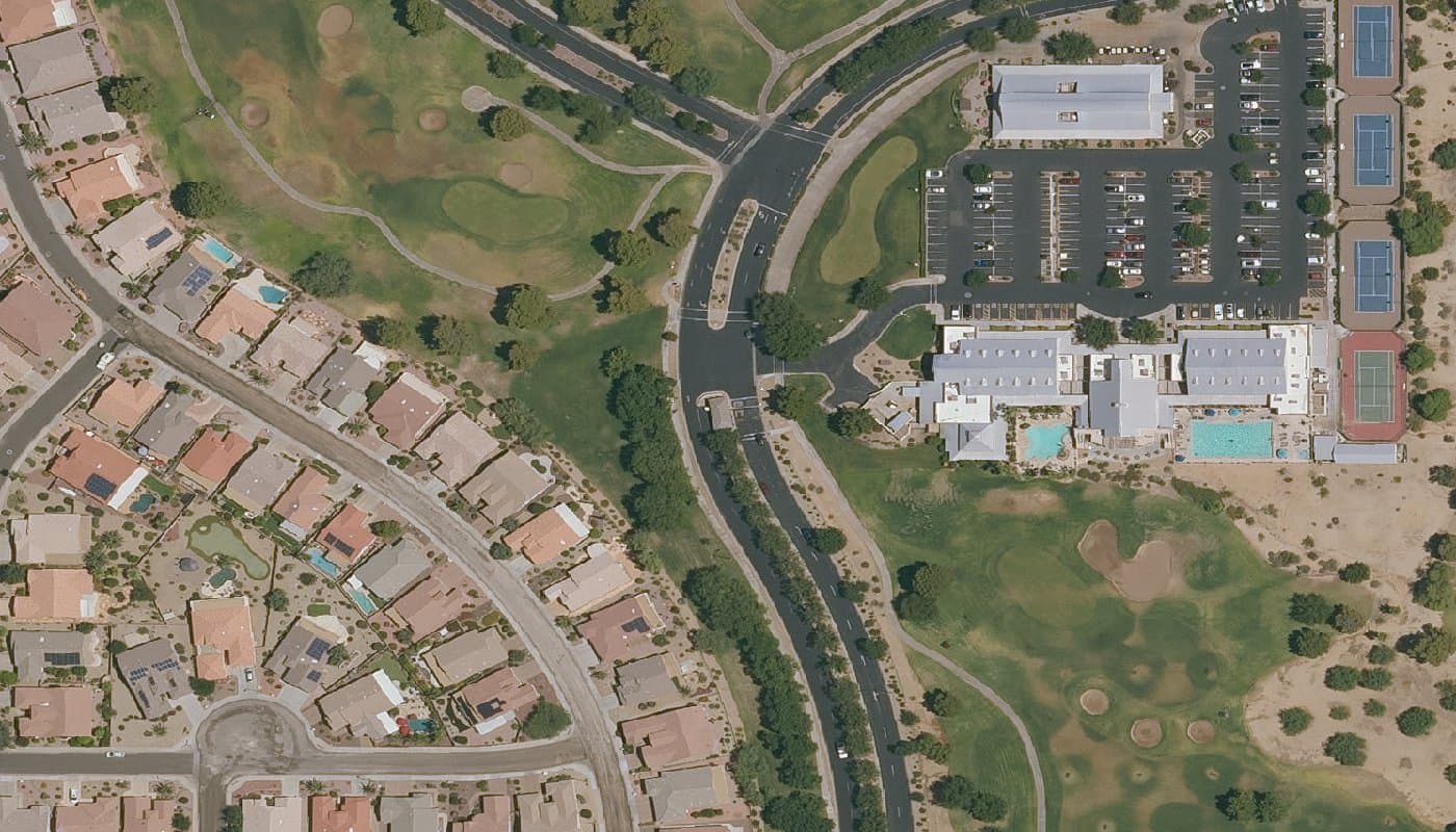 Aerial photograph of the clubhouse and amenities at Arizona Traditions