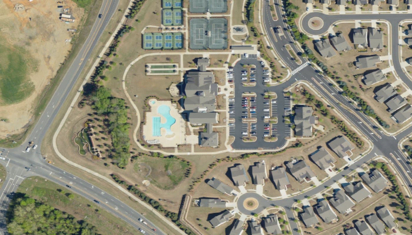 Aerial photograph of the clubhouse and amenities at Carolina Orchards