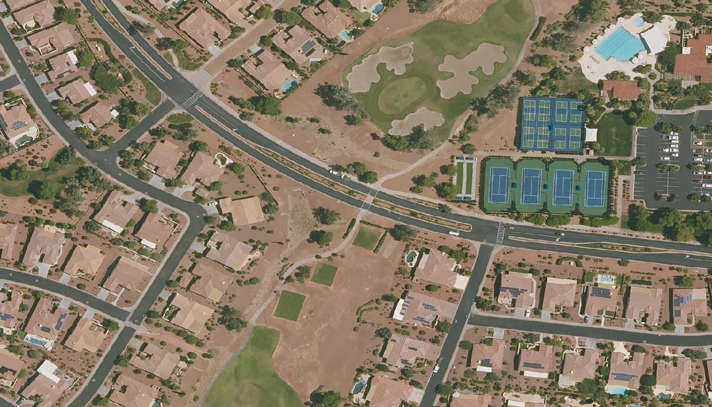 Aerial photograph of the clubhouse and amenities at Corte Bella