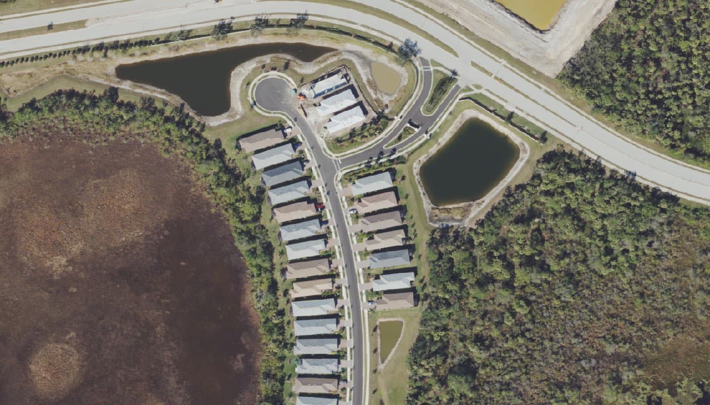 Aerial photograph of the clubhouse and amenities at Cypress Falls