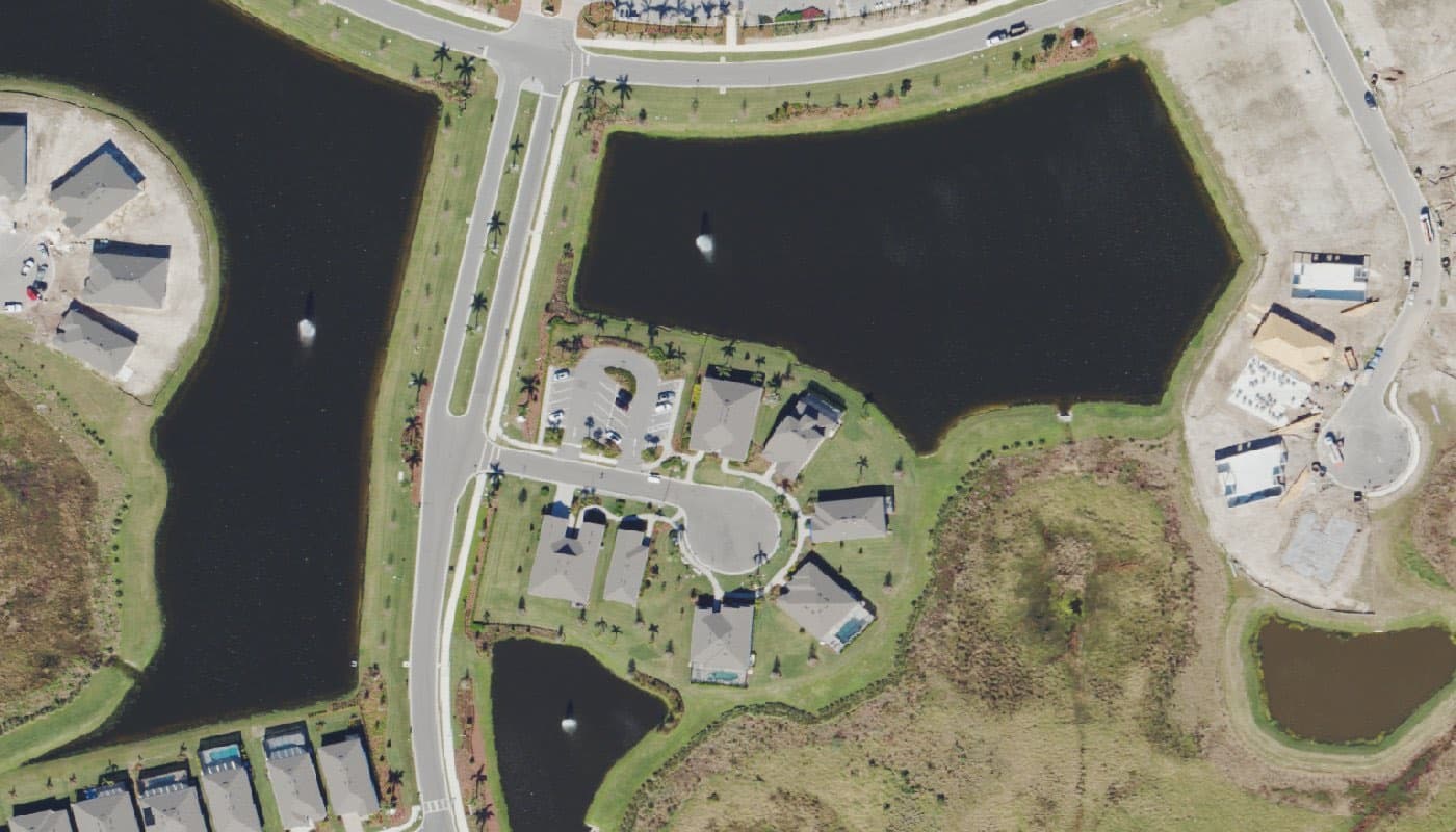 Aerial photograph of the clubhouse and amenities at Del Webb BayView