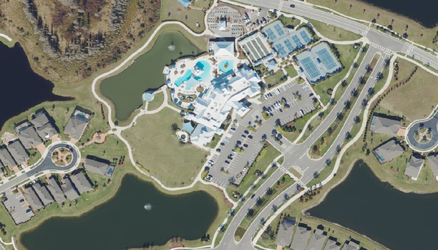 Aerial photograph of the clubhouse and amenities at Del Webb Bexley