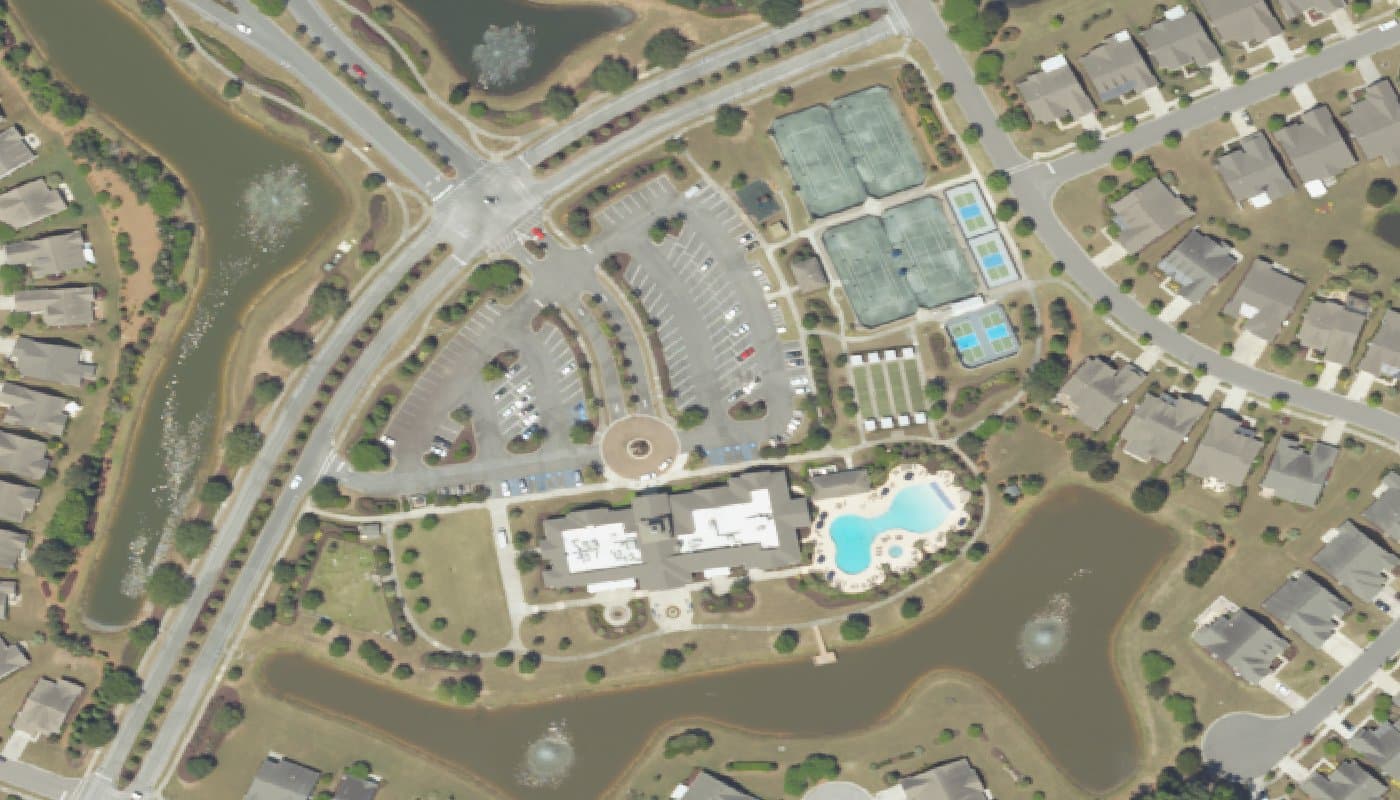 Aerial photograph of the clubhouse and amenities at Del Webb at Cane Bay