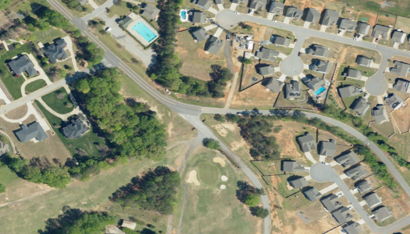 Aerial photograph of the clubhouse and amenities at Del Webb Greenville