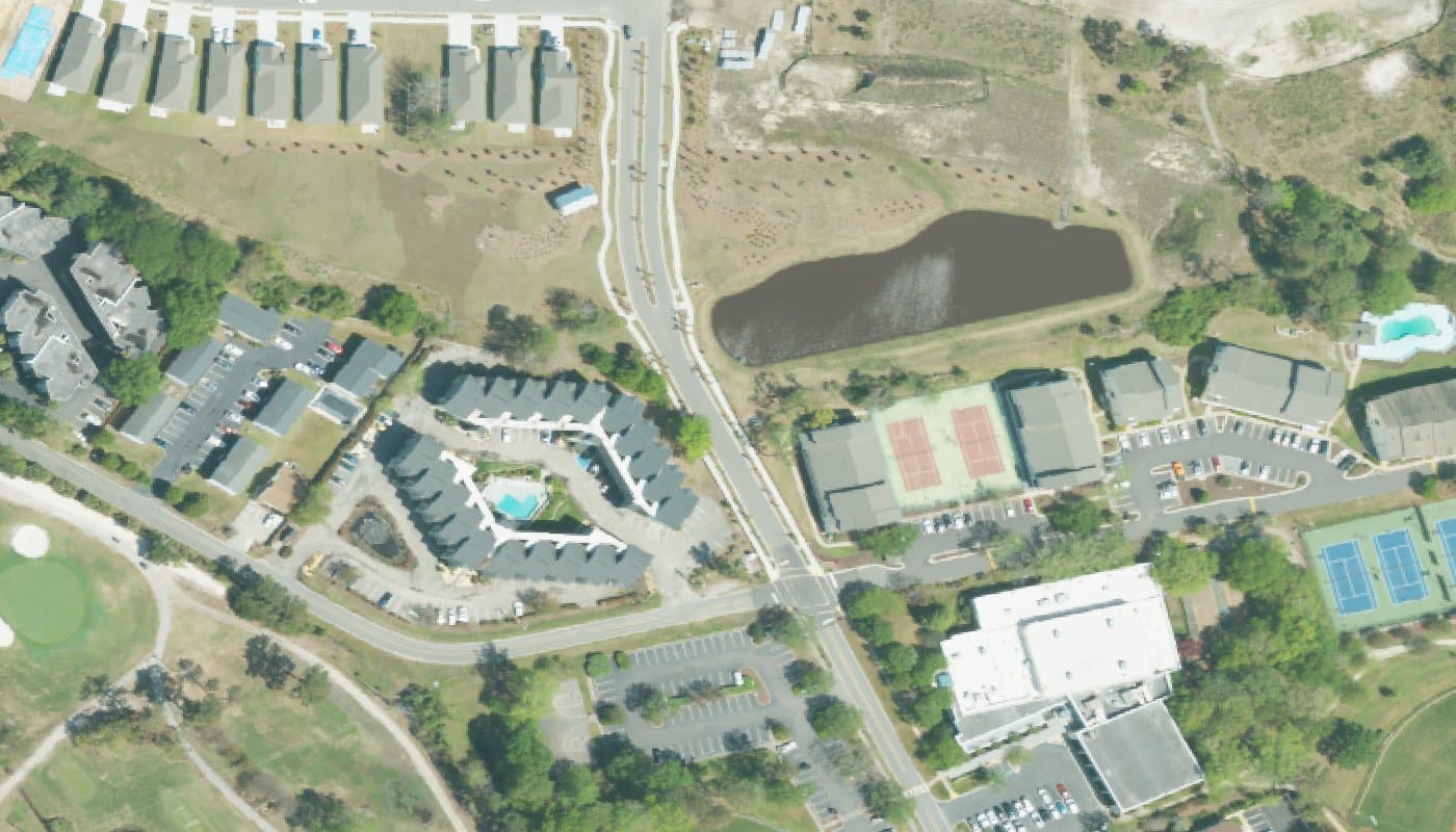 Aerial photograph of the clubhouse and amenities at Del Webb North Myrtle Beach
