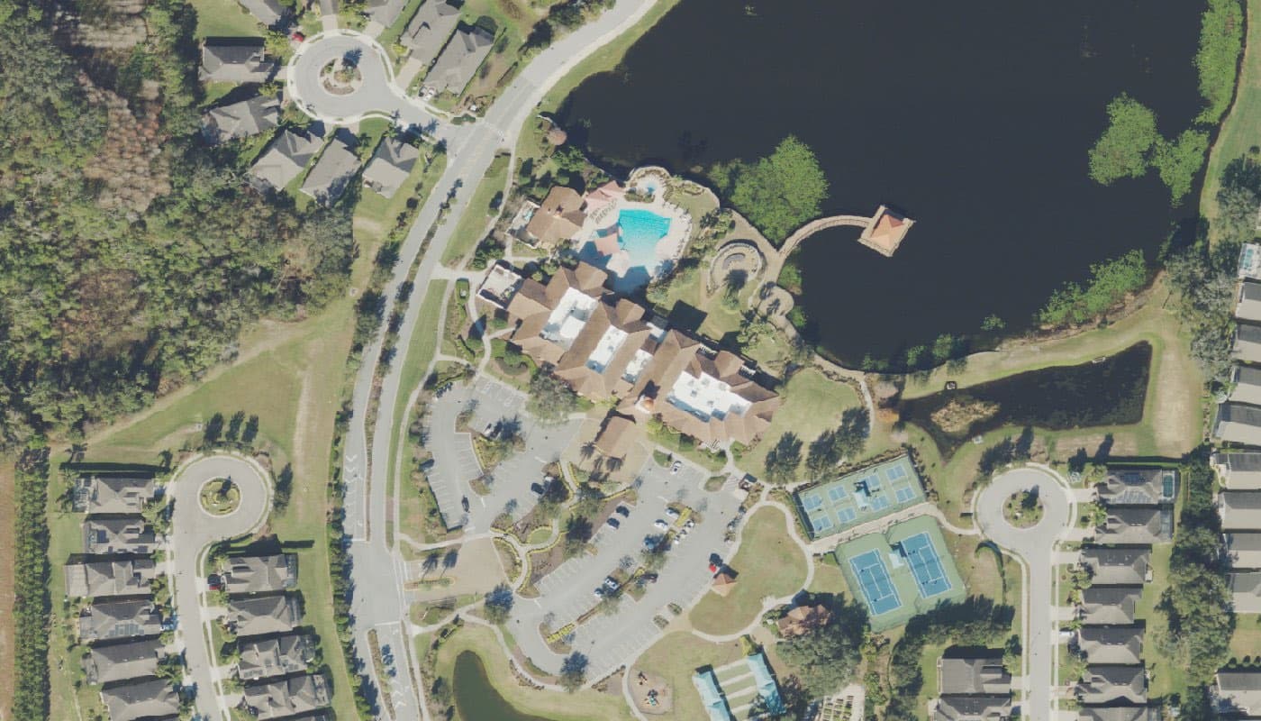 Aerial photograph of the clubhouse and amenities at Del Webb Orlando