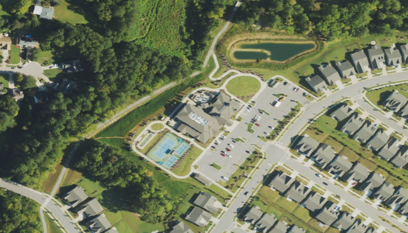 Aerial photograph of the clubhouse and amenities at Del Webb at Traditions