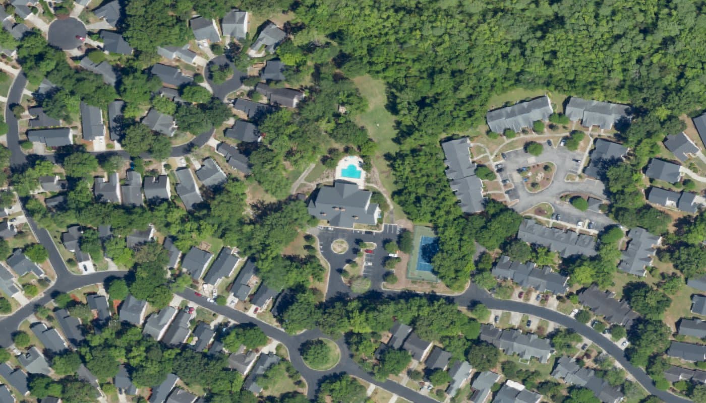 Aerial photograph of the clubhouse and amenities at The Elms of Charleston