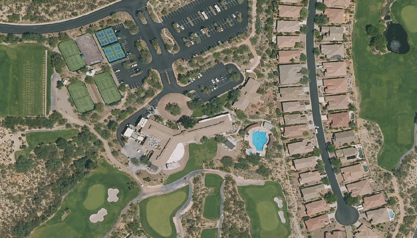 Aerial photograph of the clubhouse and amenities at The Highlands at Dove Mountain