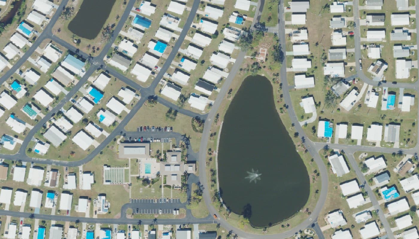 Aerial photograph of the clubhouse and amenities at La Casa