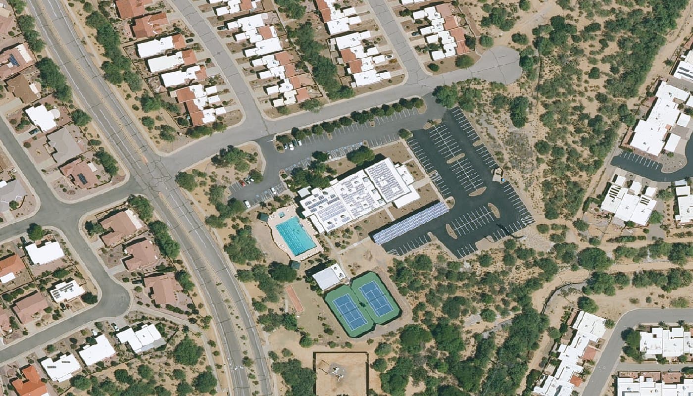 Aerial photograph of the clubhouse and amenities at Las Campanas