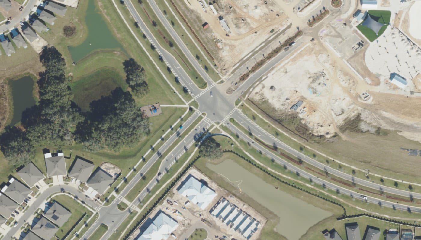 Aerial photograph of the clubhouse and amenities at Mirada Active Adult