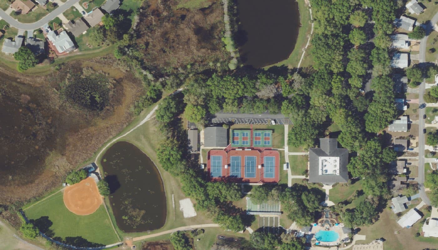 Aerial photograph of the clubhouse and amenities at The Plantation at Leesburg