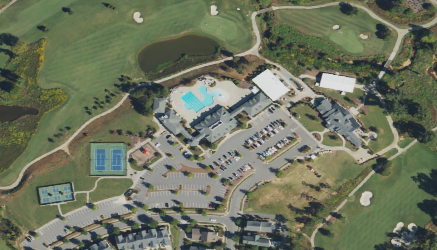 Aerial photograph of the clubhouse and amenities at Regency at 12 Oaks