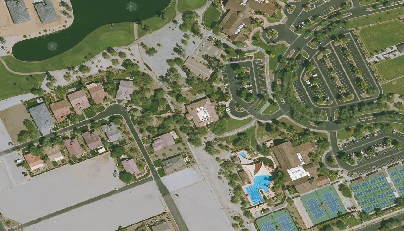 Aerial photograph of the clubhouse and amenities at Robson Ranch Arizona