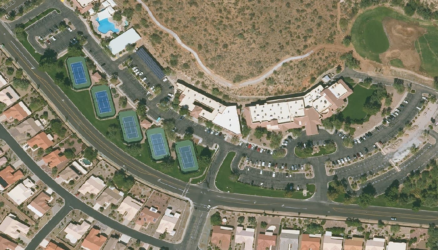Aerial photograph of the clubhouse and amenities at SaddleBrooke TWO