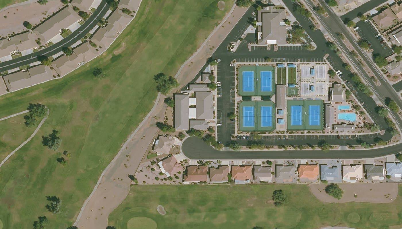 Aerial photograph of the clubhouse and amenities at Sunland Springs Village