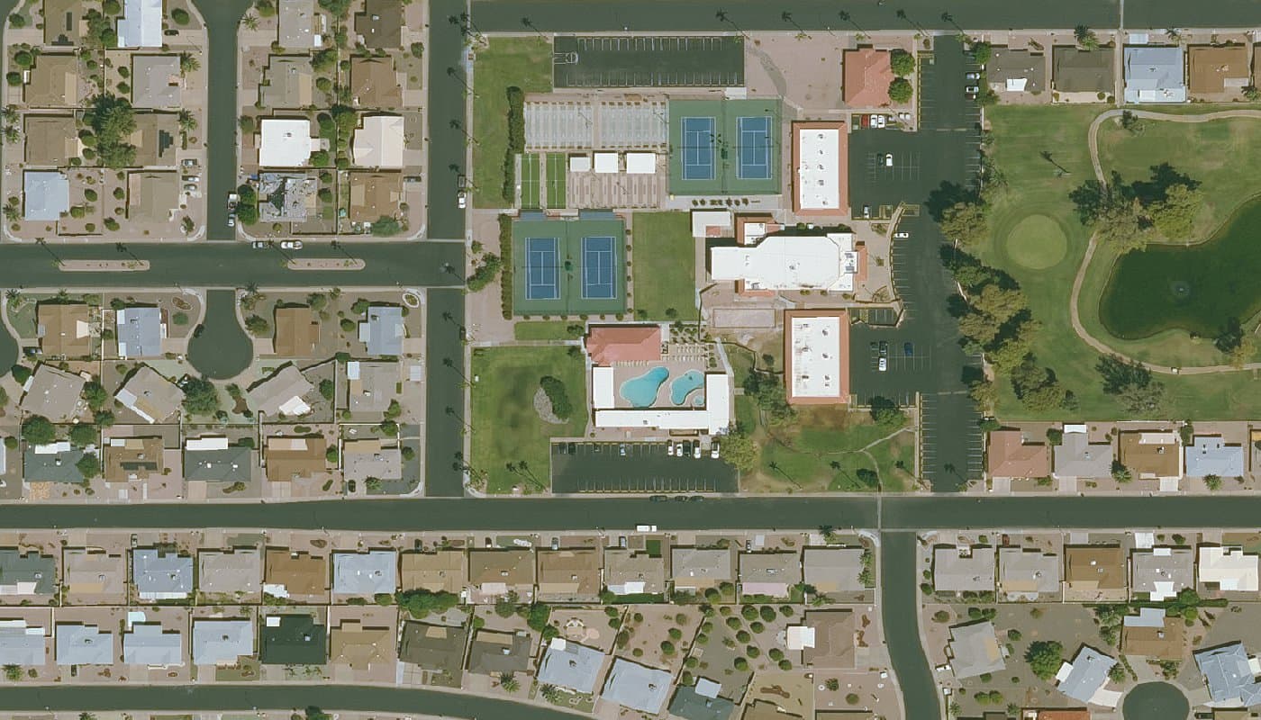 Aerial photograph of the clubhouse and amenities at Sunland Village