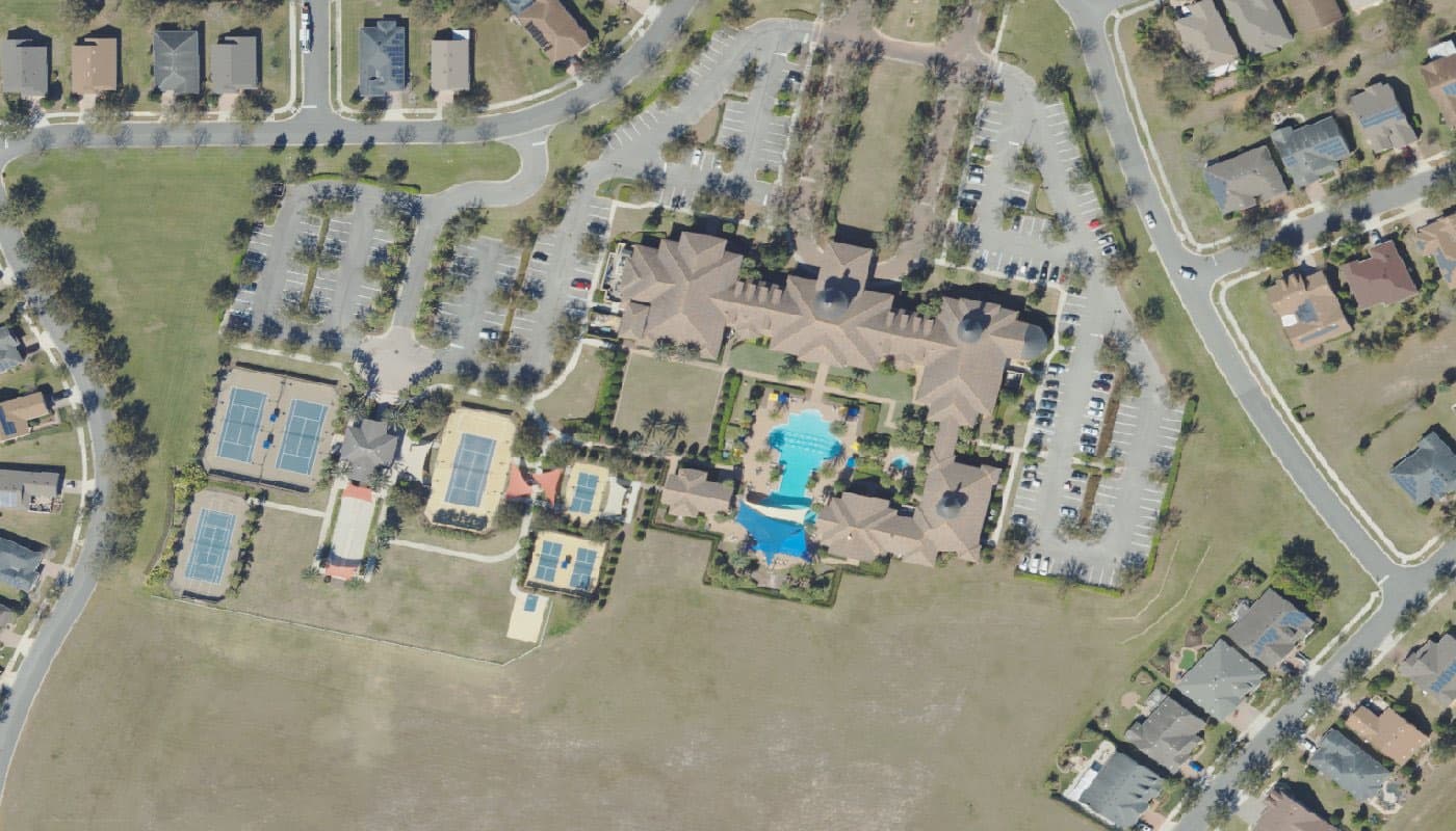 Aerial photograph of the clubhouse and amenities at Trilogy Orlando