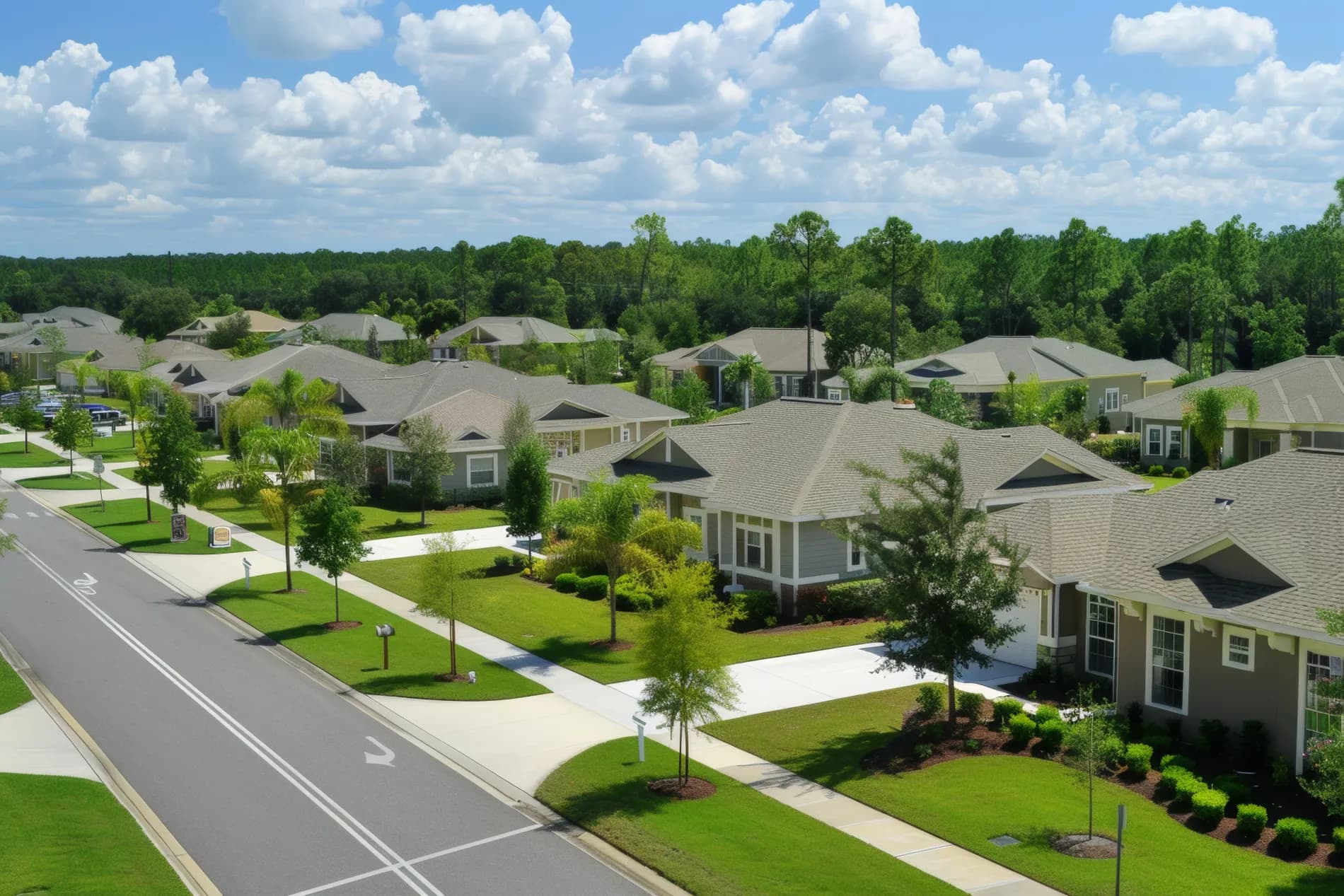 Aerial view of a landscaped residential neighborhood in Florida